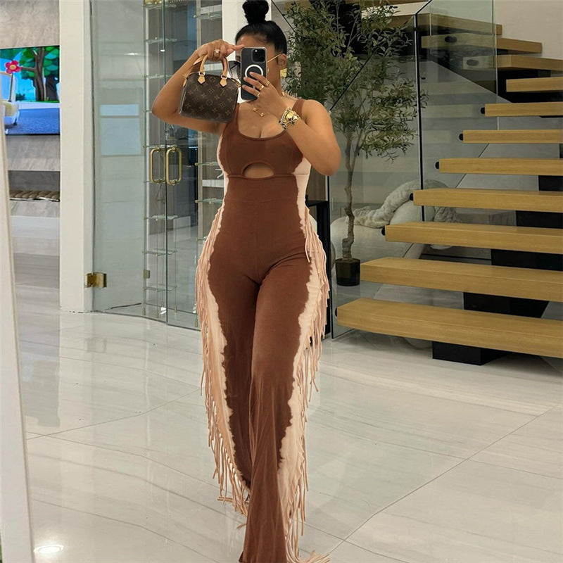 Women's fashion contrast color tassel Casual Jumpsuit 3