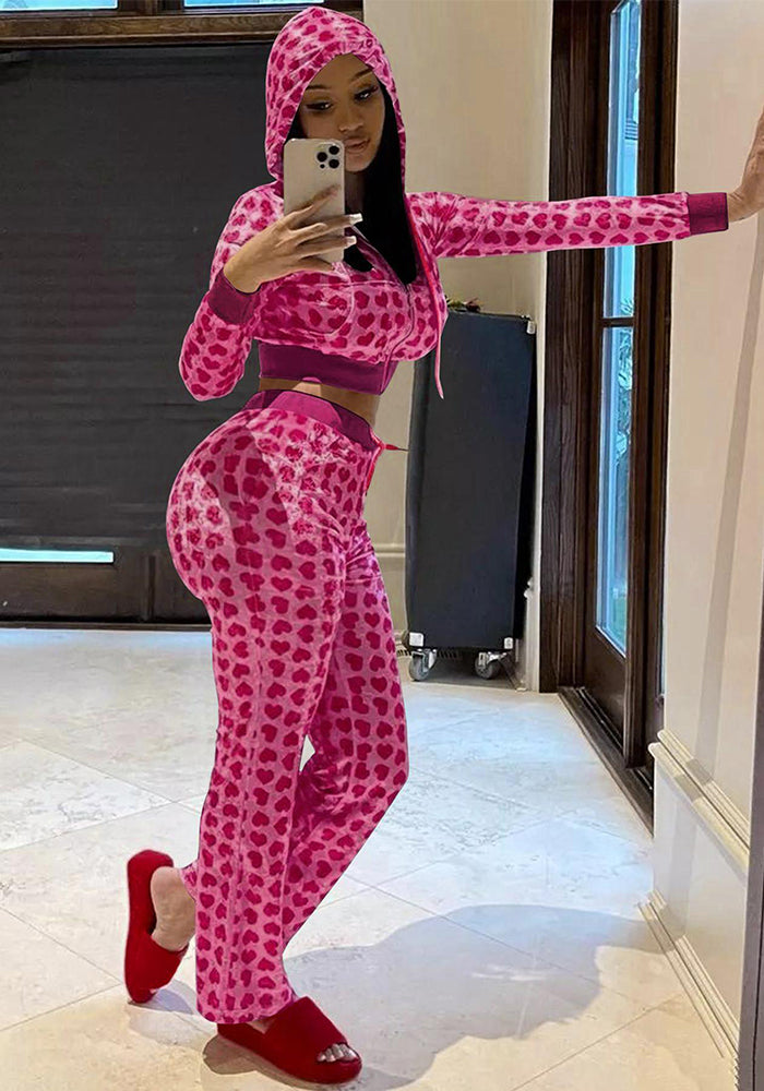 Women's Fashion Casual Velvet Valentine's Day Heart Print Two-Piece Pants Set