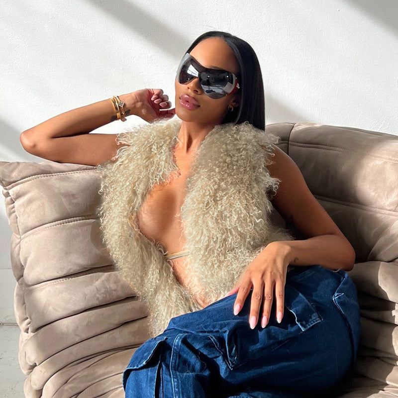 Women autumn and winter sexy backless fur collar Halter Neck vest 3