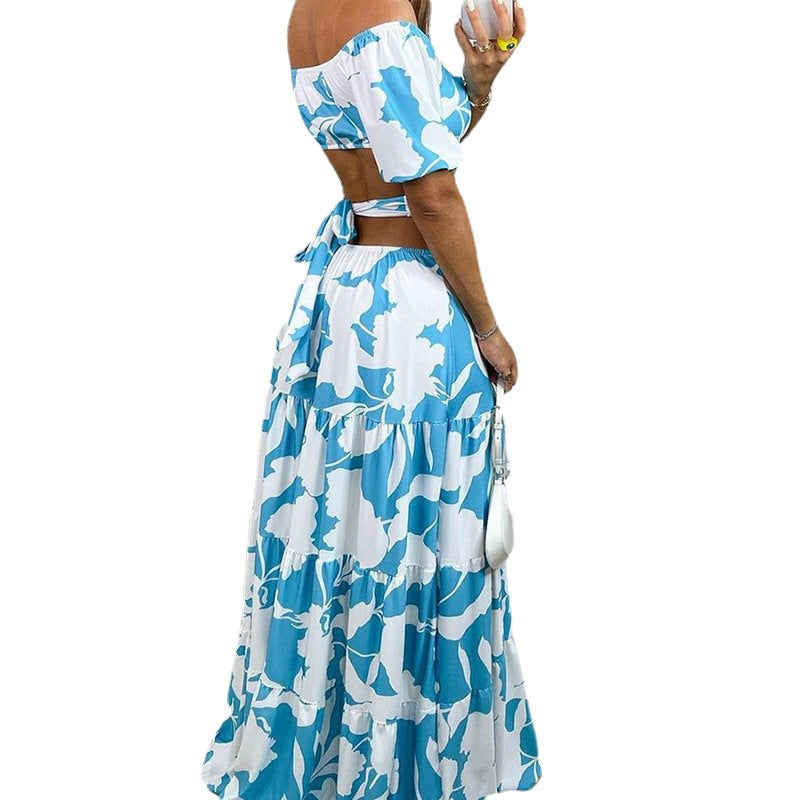 Women Sexy Print Off Shoulder Hollow Lace-up Dress 7