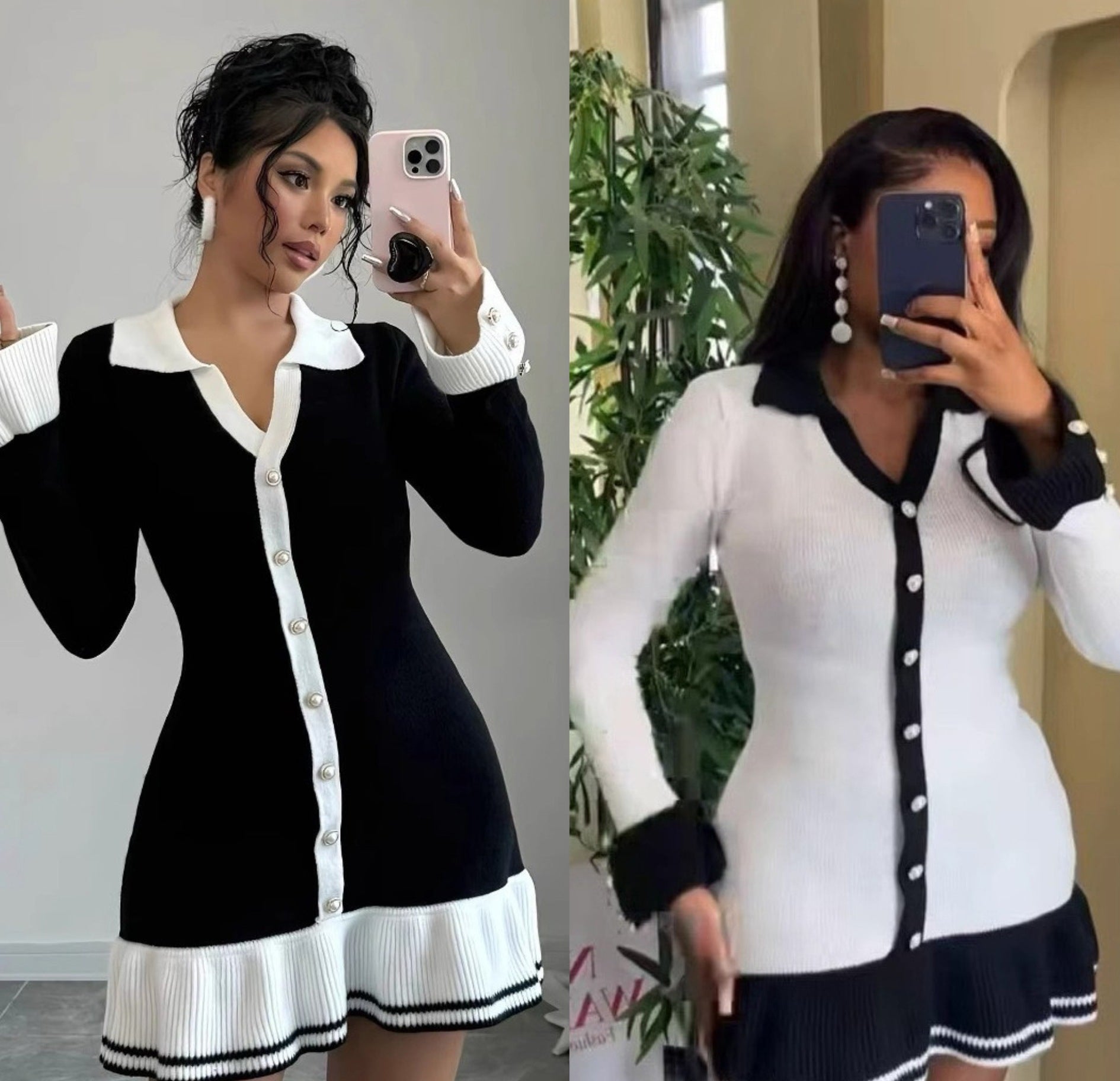 Ruffle Slim V-Neck Knit Long Sleeve Sexy Elegant Dress 4