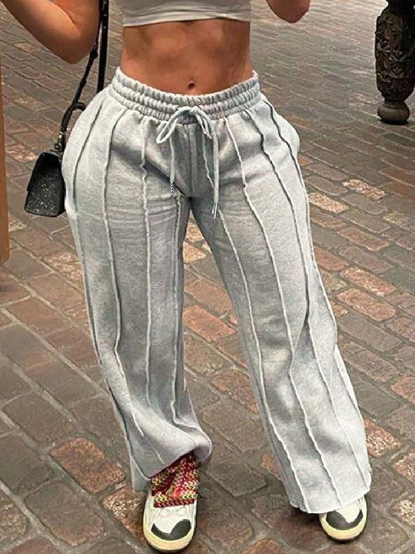 Women Striped Gray Drawstring Wide Leg Pants