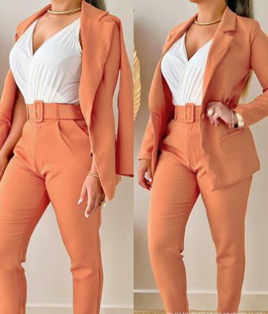 Women Printed Casual Blazer and Pant Two-Piece Set with Belt 4