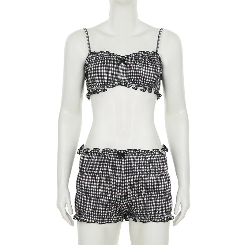 Women Summer Holidays Plaid Suspender Top Shorts Swimwear  Two-piece Set 8