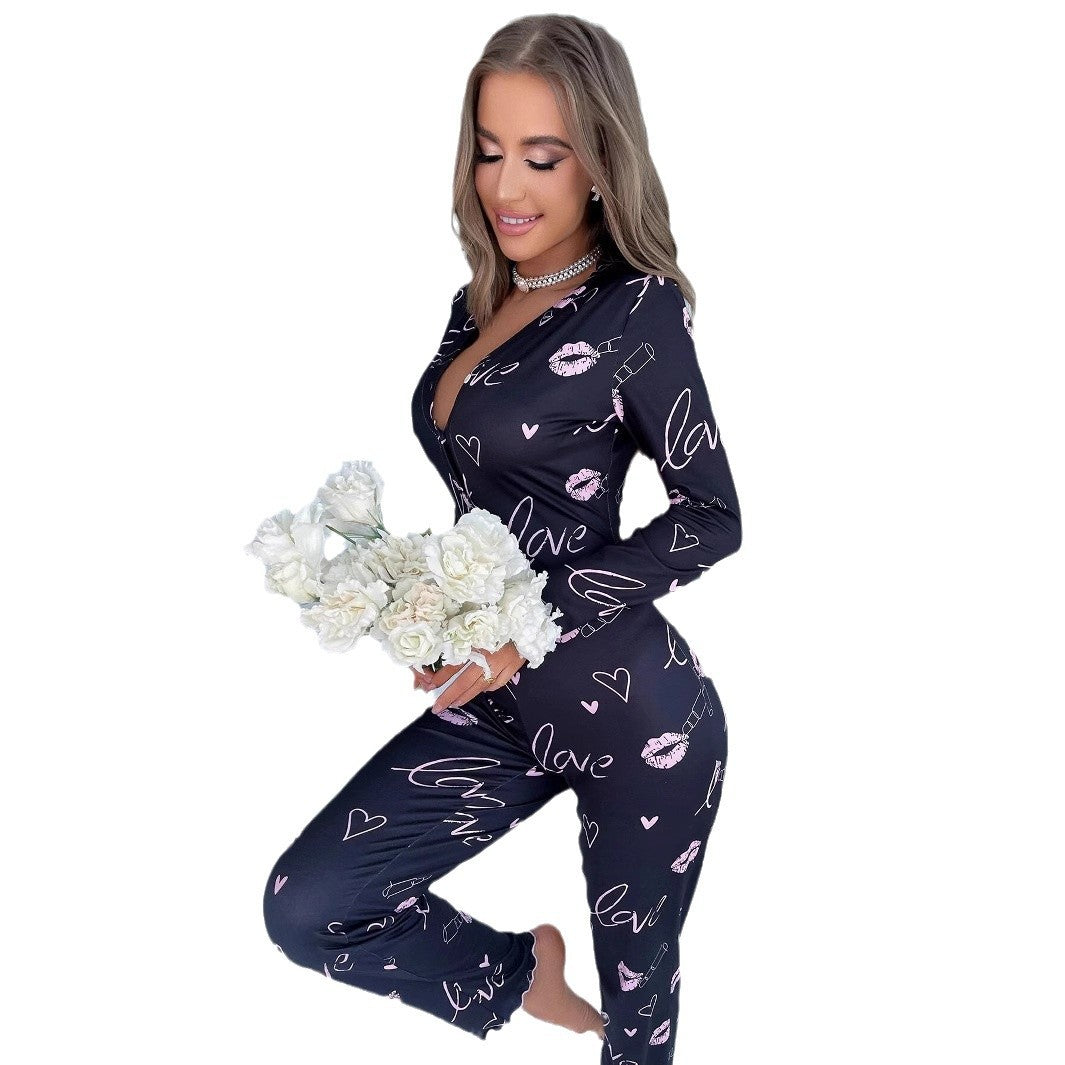Button V-Neck Tight Fitting Valentine's Day Pajamas Lips Letter Print Long-Sleeved Home Jumpsuit 6