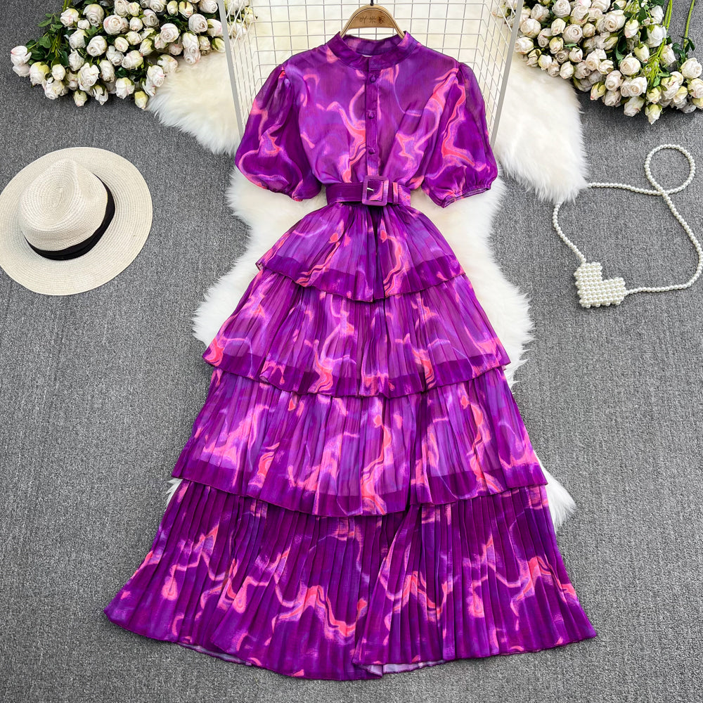 Puff Sleeve Stand Collar Slim Waist Tie-Dye Print A-Line Layer Dress 12