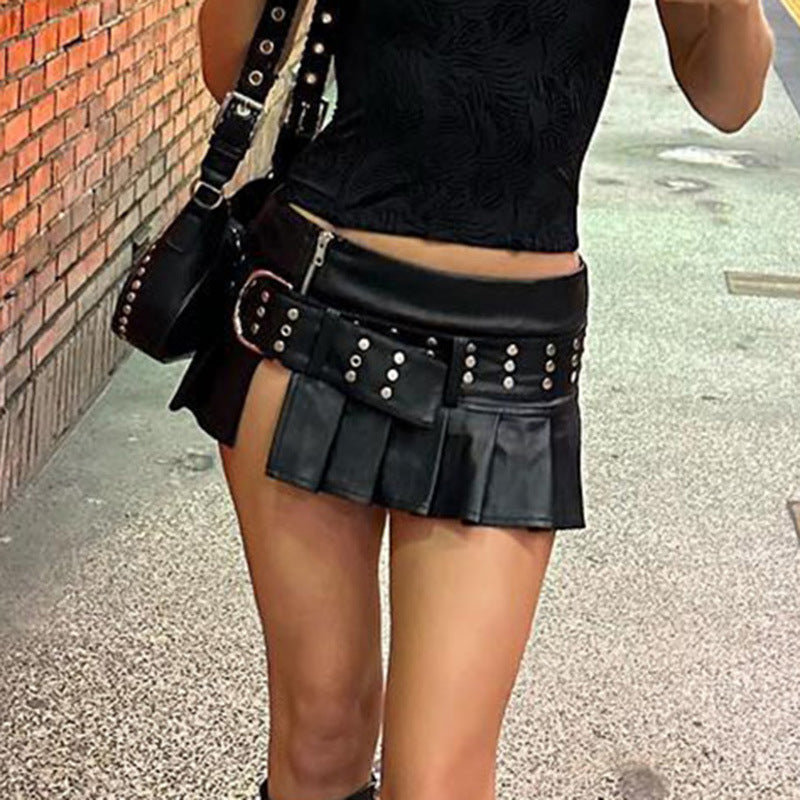 Punk rivet belt slit leather skirt fashion street sexy low waist a-line pleated skirt 4