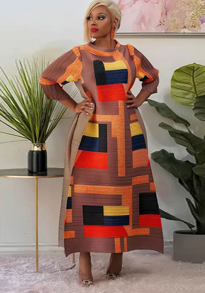 Ladies Round Neck Print Pleated Dress