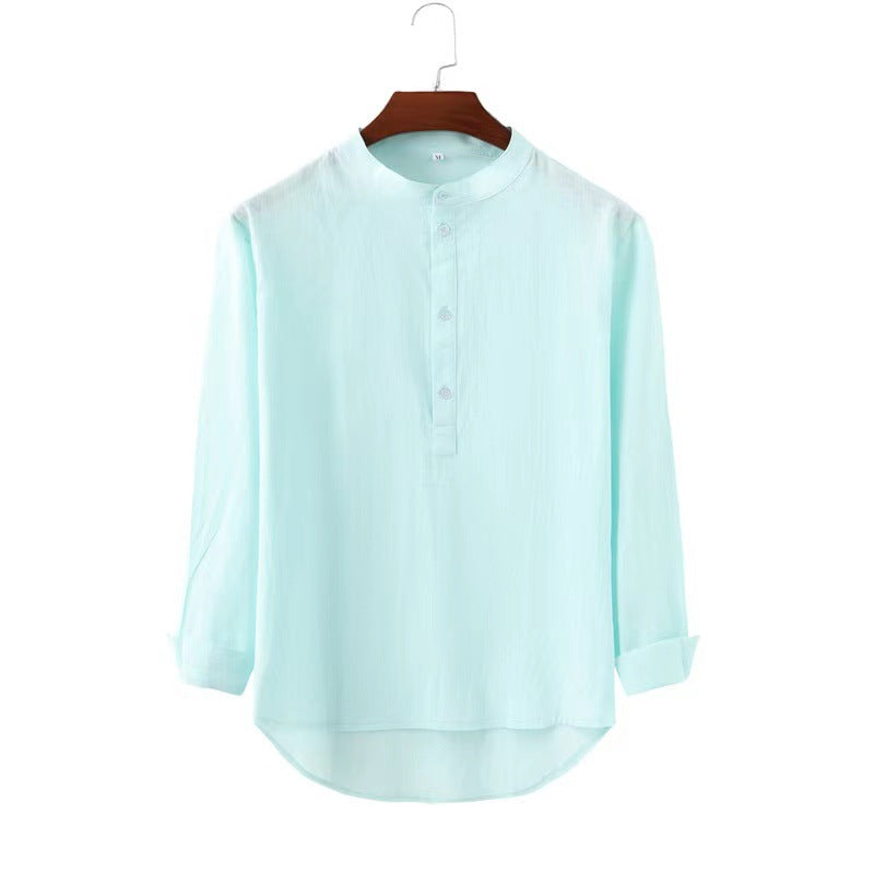 Men's Casual Stand Collar Solid Color Long-Sleeved Shirt Bamboo Linen Shirt 11