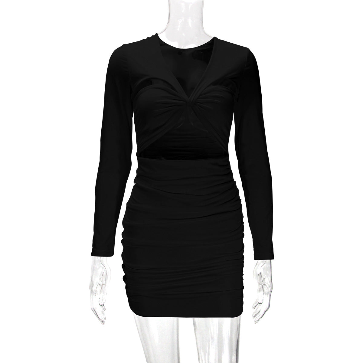 Women Sexy Hollow Long Sleeve Pleated Bodycon Dress 21
