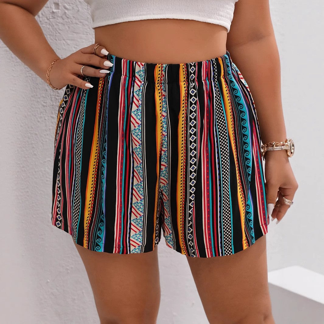 Multi-Color striped printed women's casual holidays summer plus size shorts for women