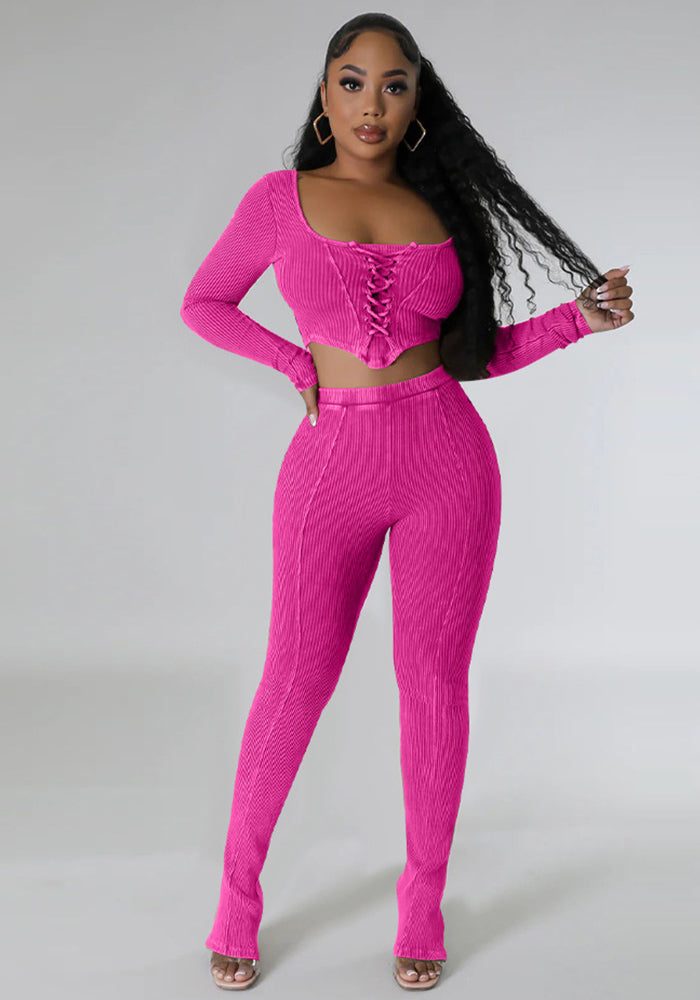Women's Square Neck Long Sleeve Lace Up Top Sexy Tight Fitting Pencil Pants Fashion Two Piece Set