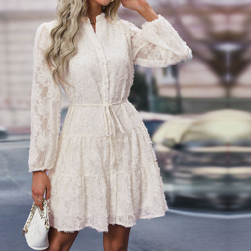 Women Long Sleeve See-Through Jacquard Dress 6