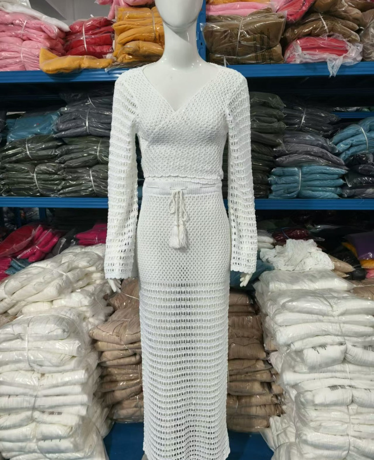 Sexy Lace-Up V-Neck Long Sleeve Top Hollow Skirt Knitting Two-Piece Sest 5