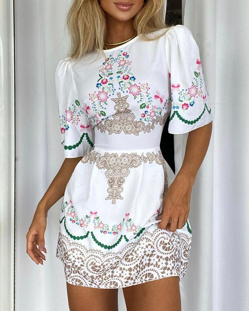 Women Retro Floral Puff Sleeve Dress
