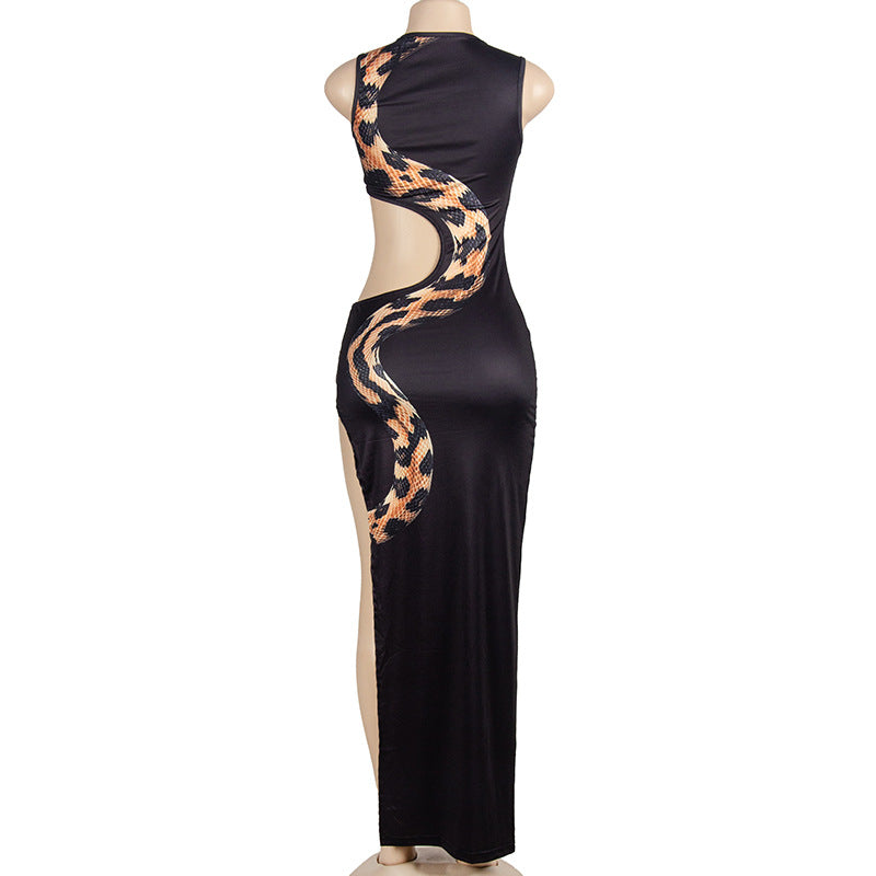 Summer Round Neck Sleeveless Snake Print Hollow Split Long Dress 8