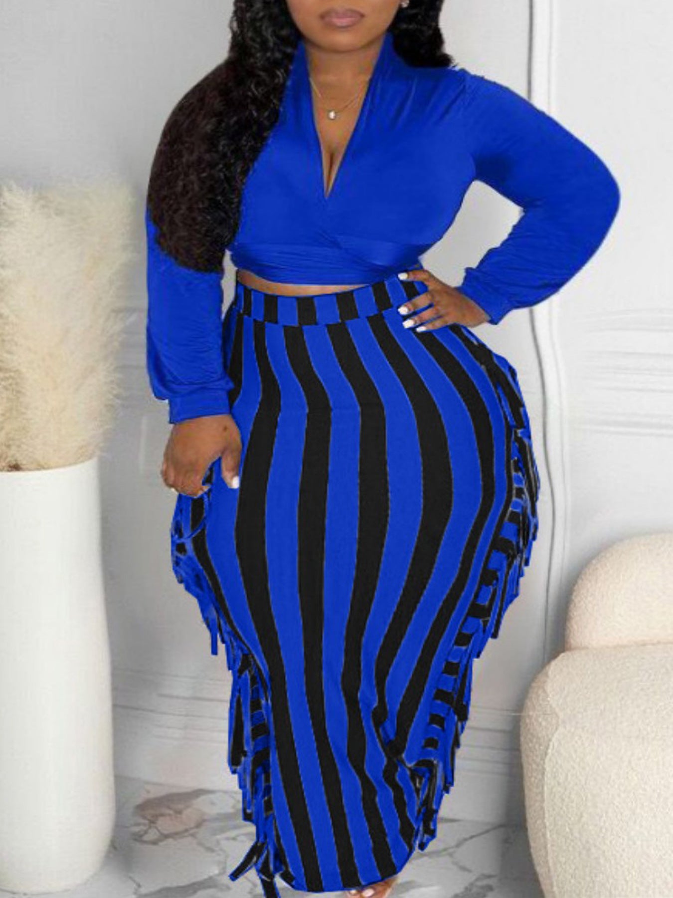 Women Autumn and Winter Top and Lace-Up Tassel Skirt Two-piece Set 11