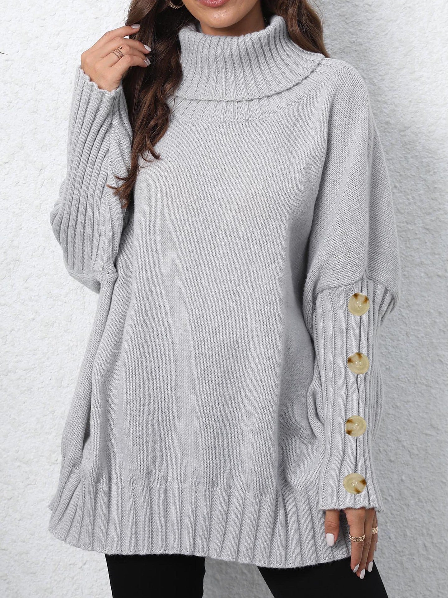 Women Pullover Women Button Knitting Solid Color High Neck Loose Knitted Sweater Tops 4