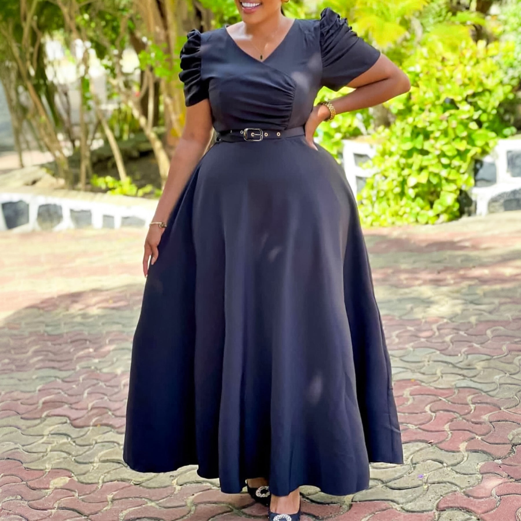 Elegant V-Neck Short Sleeve Solid Color High-Waist Swing Long Dress 7