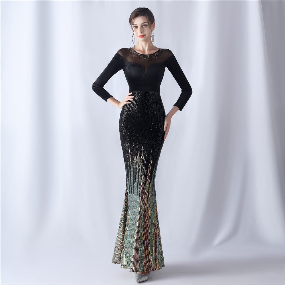 Formal Long Sleeve Patch Sequin Mermaid Evening Dress 12