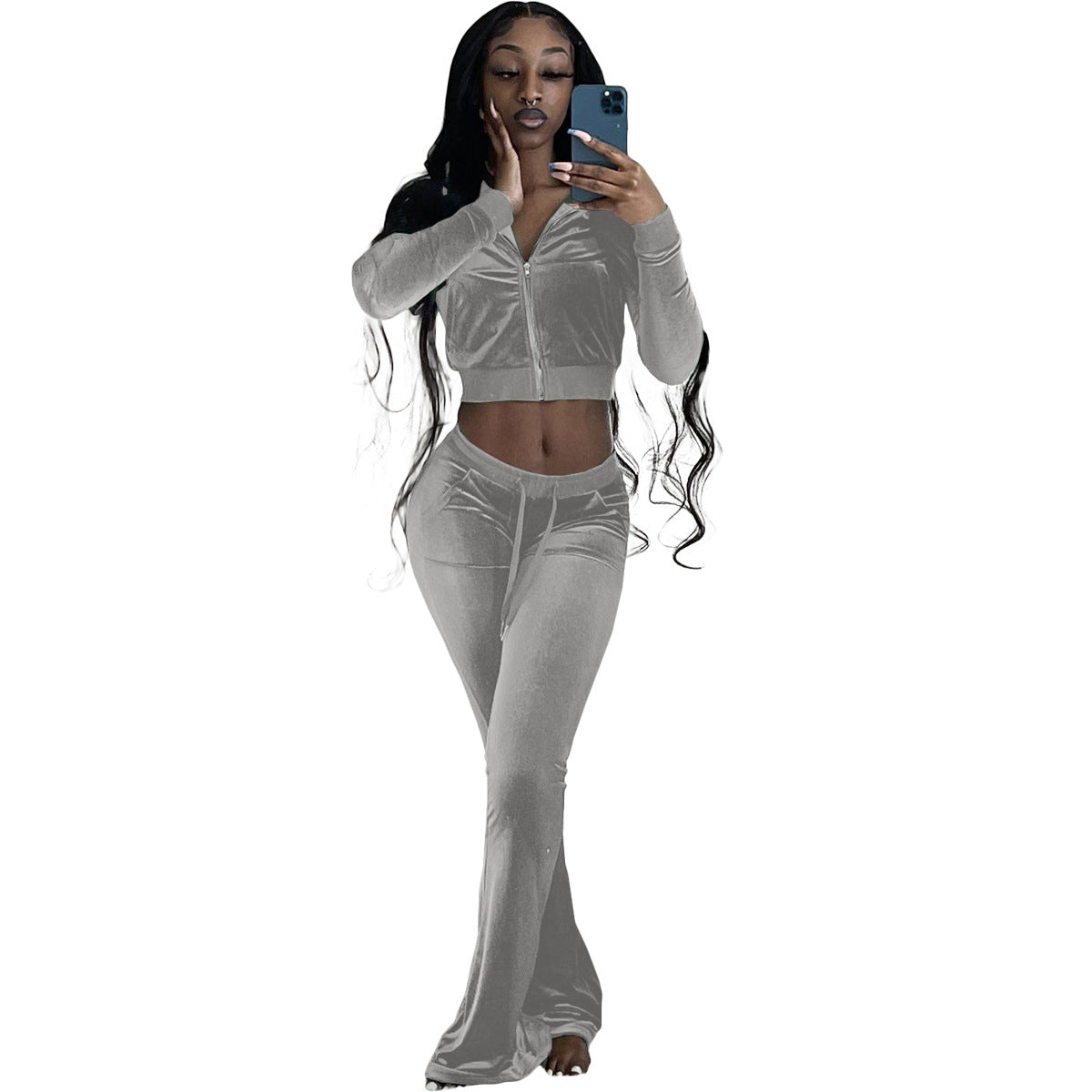 Women's Solid Color Velvet Long Sleeve Sexy Zipper Crop Top Pants Casual Sports Two Piece Set 27