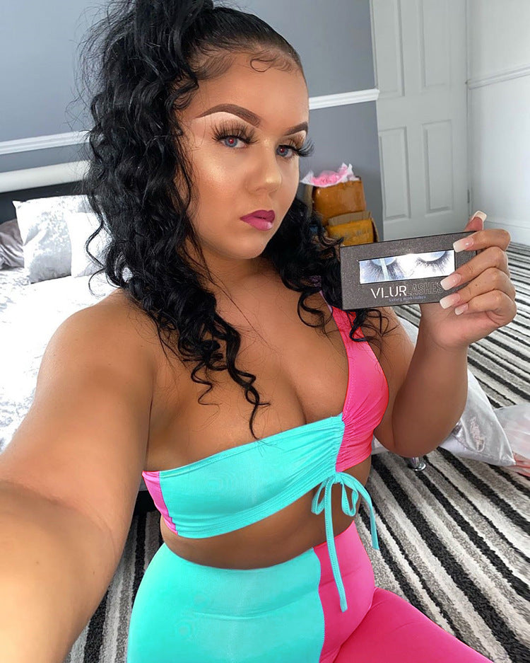 Contrast Color One Shoulder Two Piece Shorts Set 11