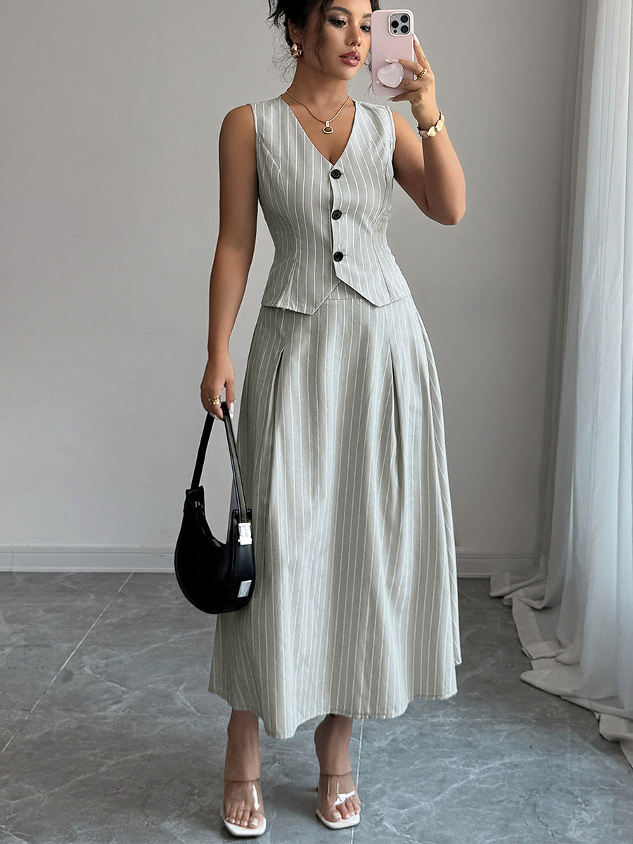 Chic Vest & Skirt Striped Two-Piece Set