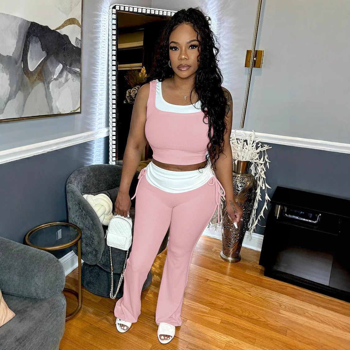 Women Casual Stretchy Patchwork Contrast Ribbed Sleeveless Tank Top and Pants Two-piece Set 4