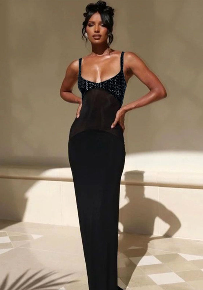 Women's Summer Solid Casual Mesh See-Through Straps Slim Maxi Dress