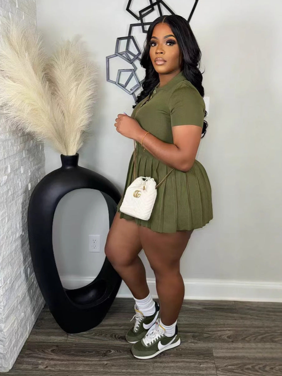 Women's Autumn Winter Turndown Collar Knit Top Pleated Skirt Set 6