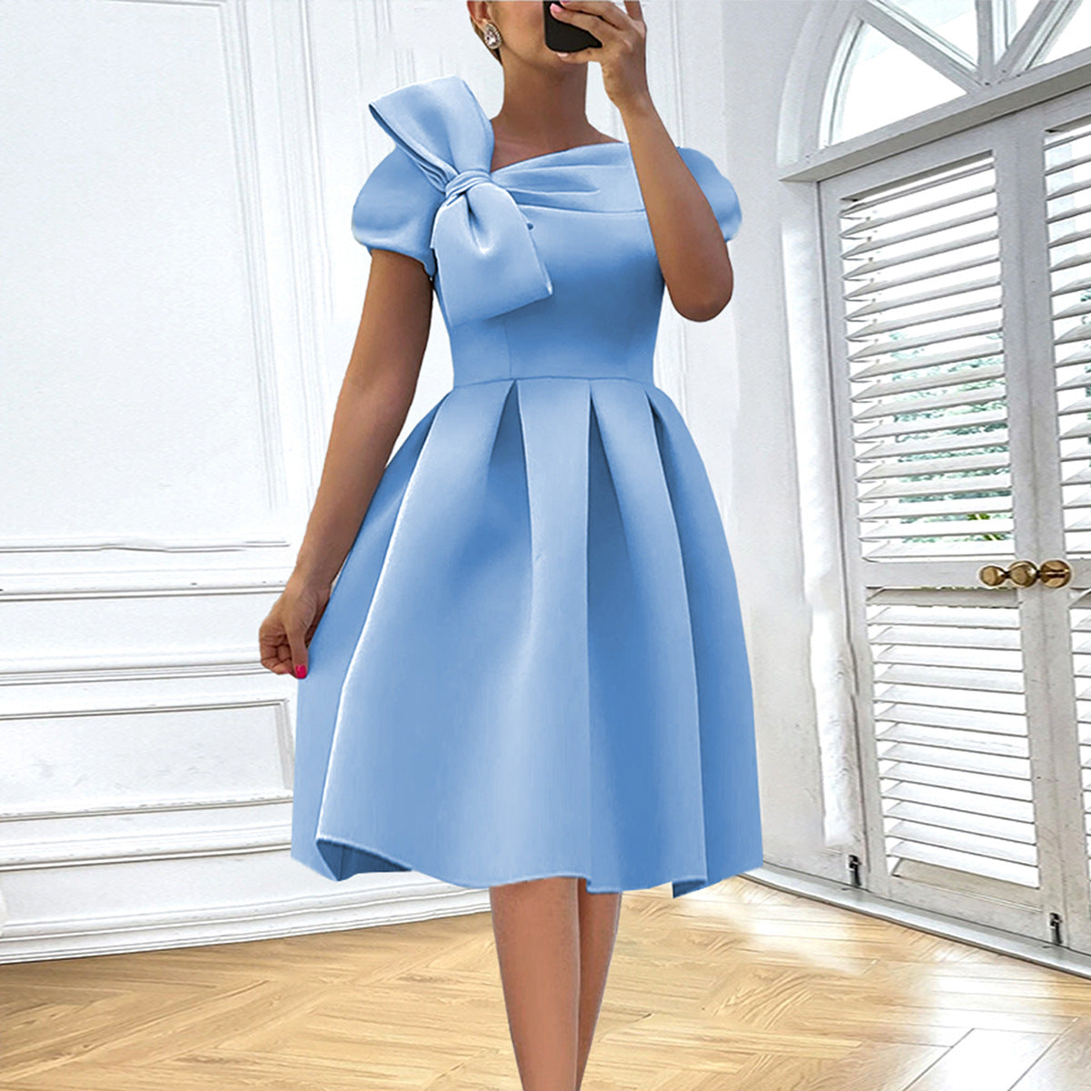 Plus Size Women Slash Shoulder Bow Dress 3