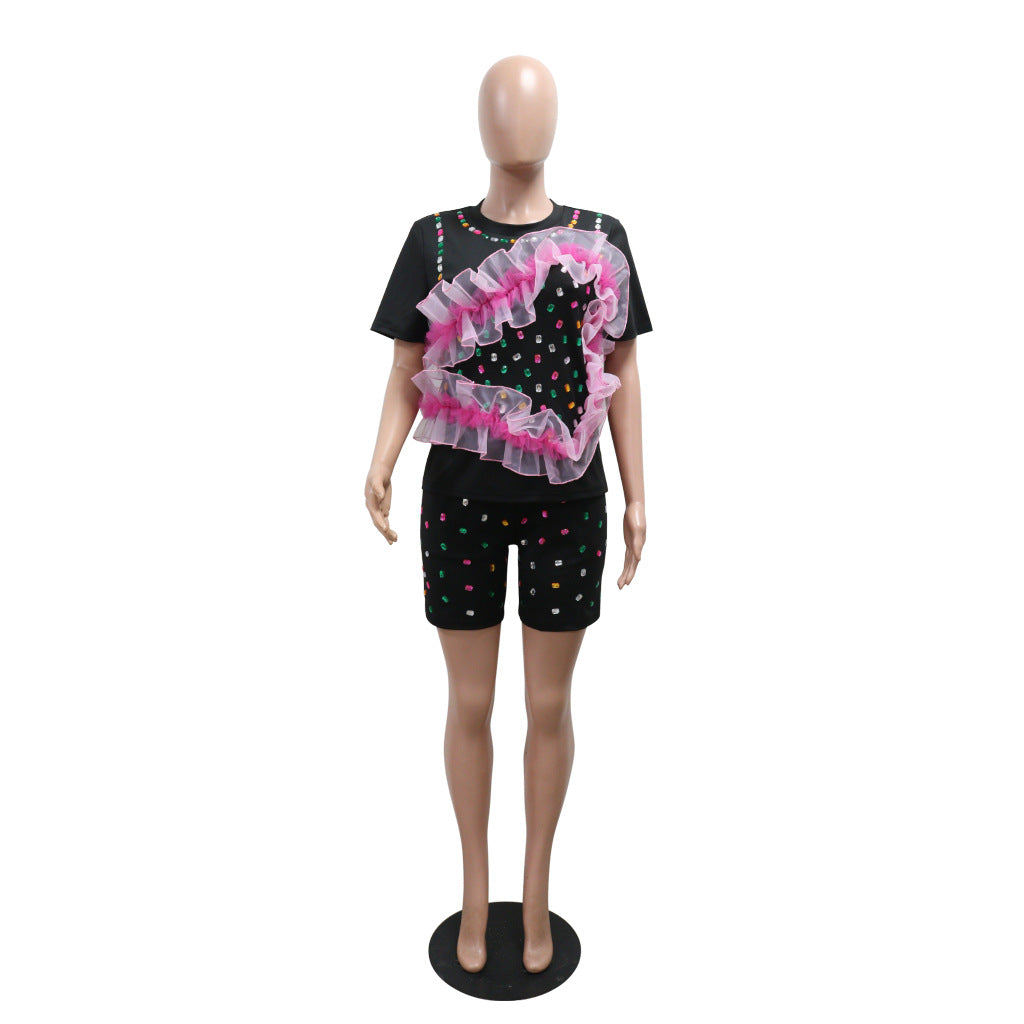 Women Summer Round Neck Beaded Short Sleeve Top Shorts Casual Two Piece Set 4
