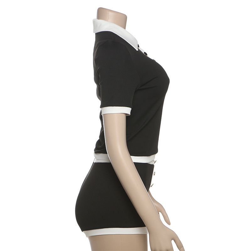 Summer Women's Short-Sleeve Turndown Collar Top with Bodycon Shorts Set 8