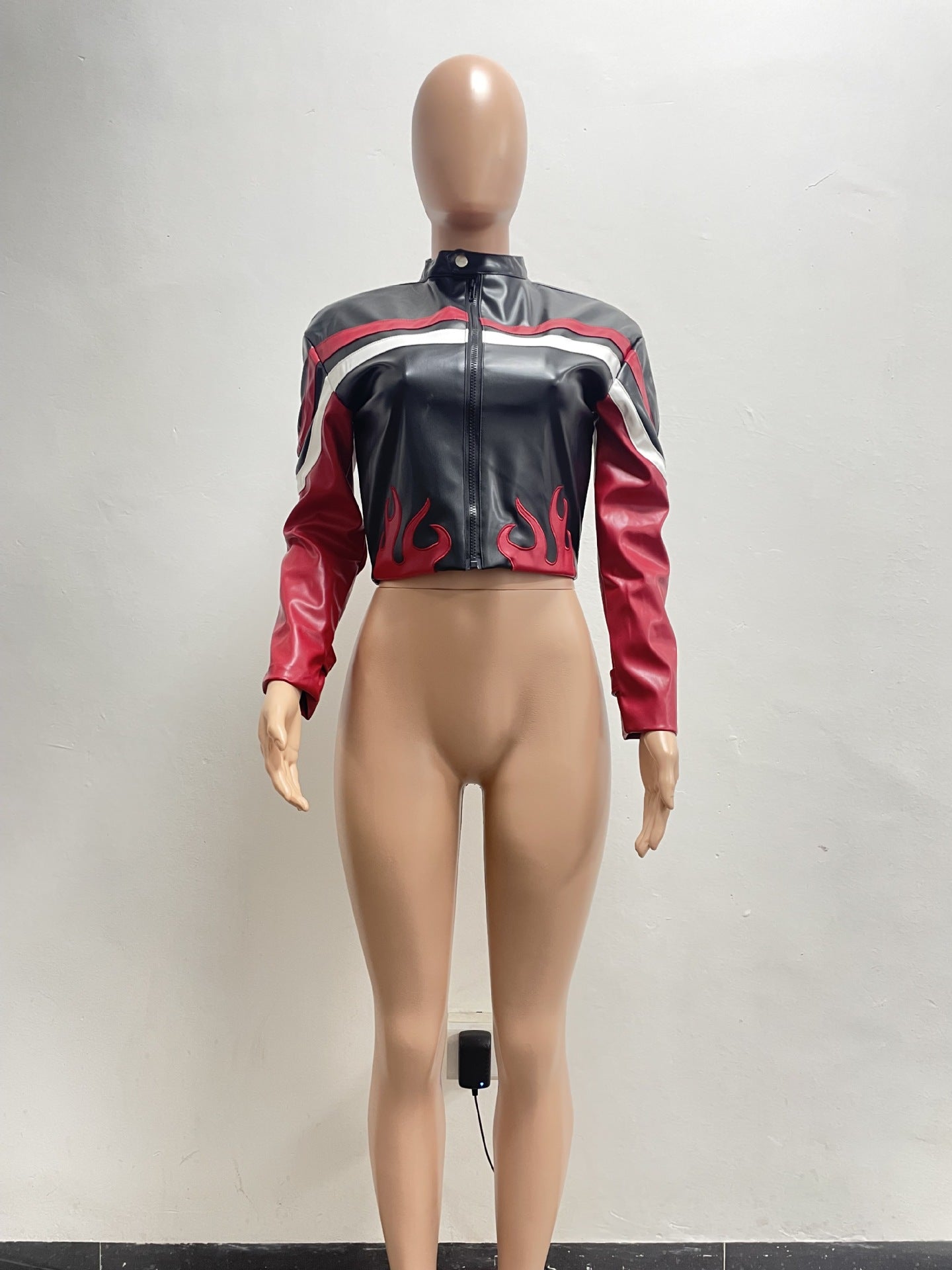 Women's Embroidered Flame Patchwork Leather Jacket 21