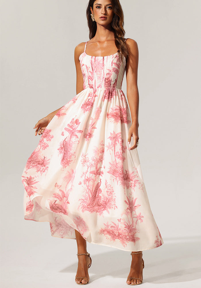 Women's Summer Printed Strap Elegant Slim Waist Long Dress