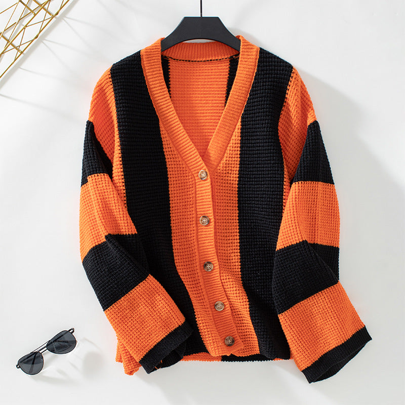 Contrast Striped Women's Sweater Cardigan Autumn And Winter Casual Loose Women's Knitting Shirt 11