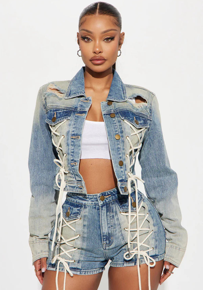Women Top Jacket and Drawstring Shorts Two-Piece Set