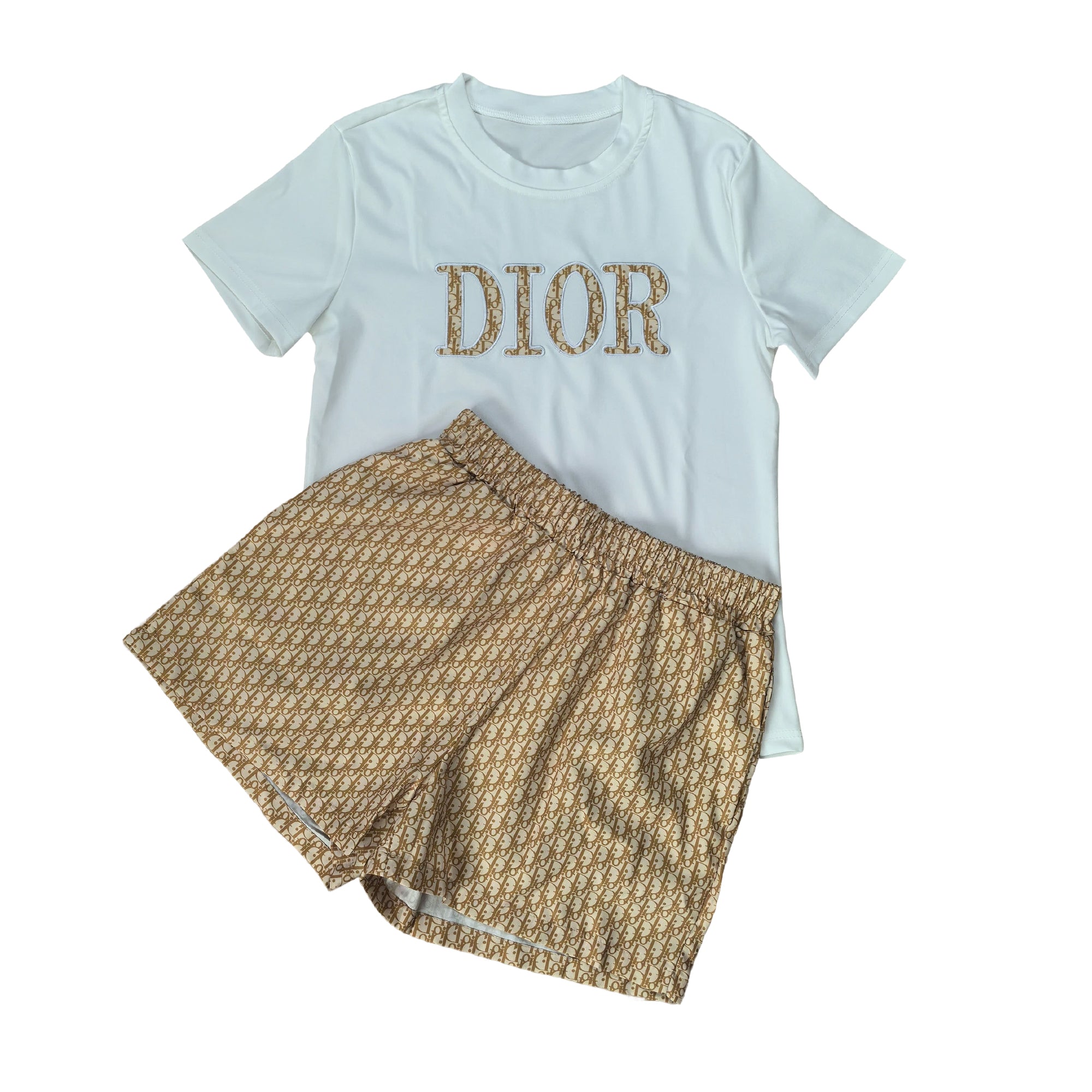 Women summer embroidery + printed short-sleeved top and shorts two-piece set 9