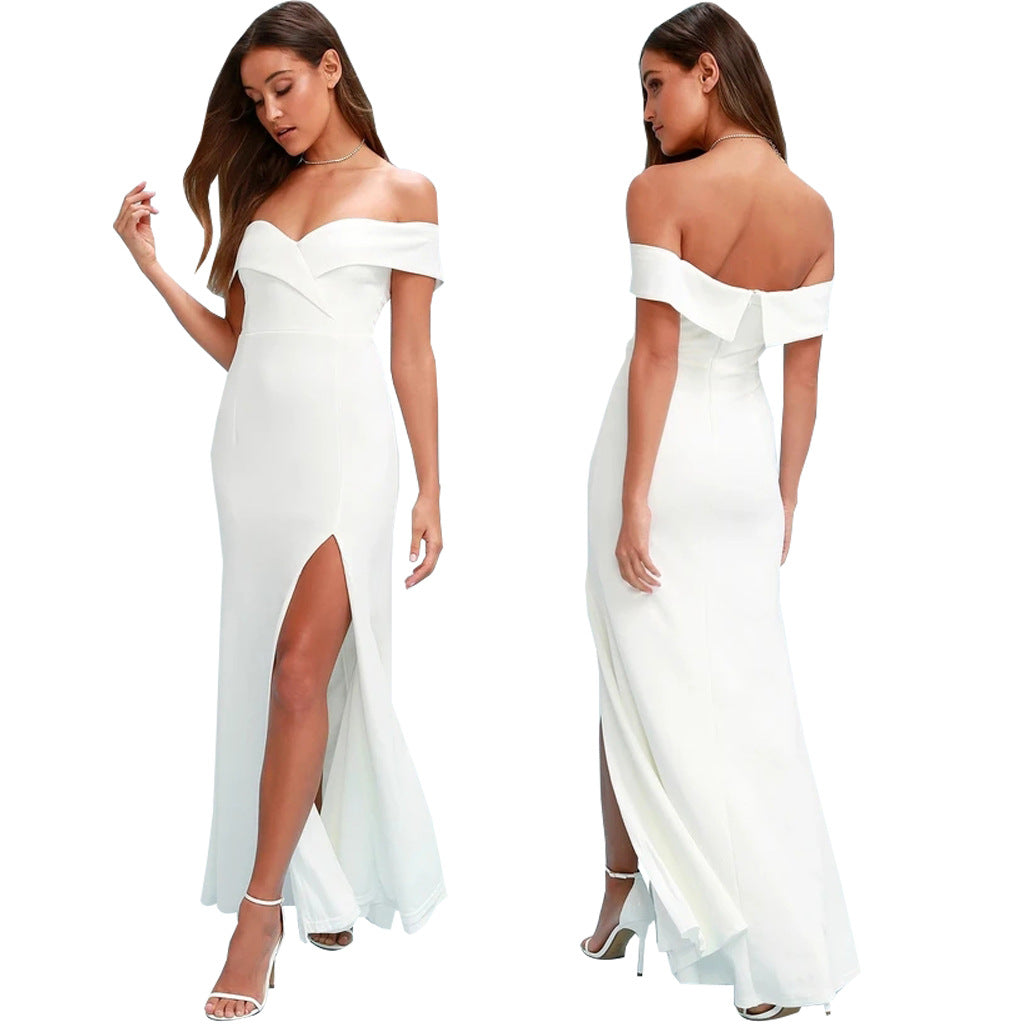 Women'S Sexy Fashion Solid Color Off Shoulder Slit Evening Dress 14