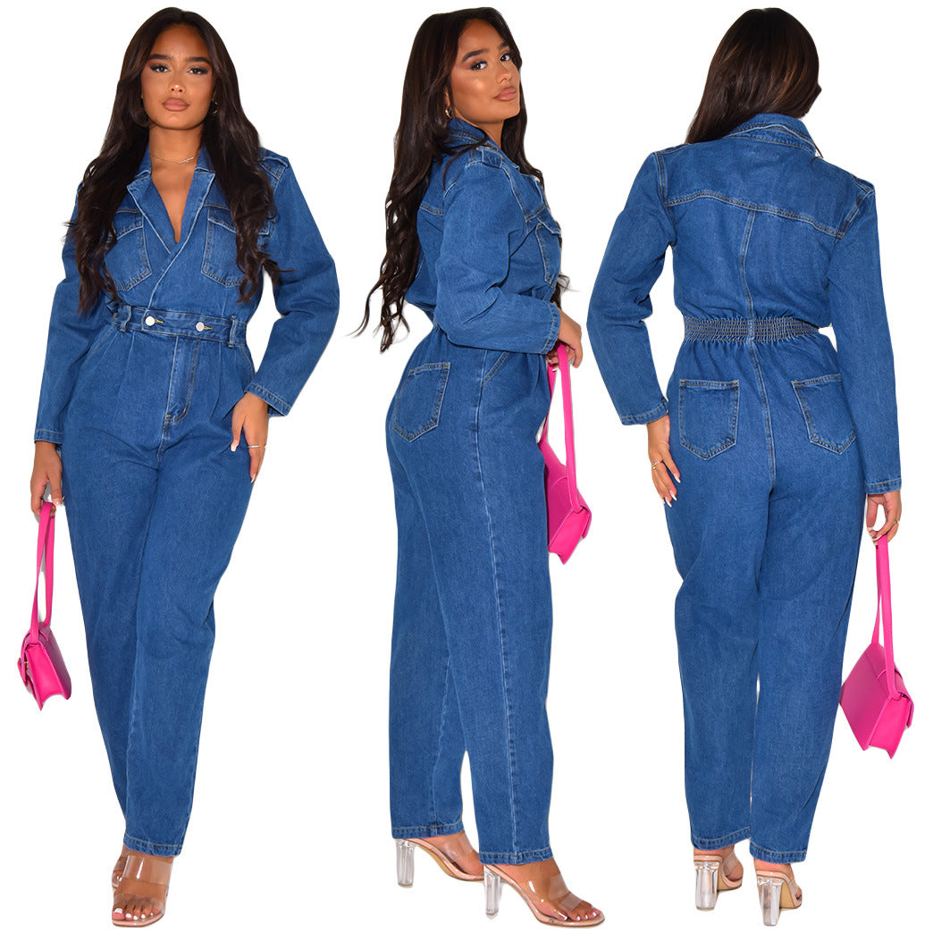 Women Turndown Collar Denim Jumpsuit
