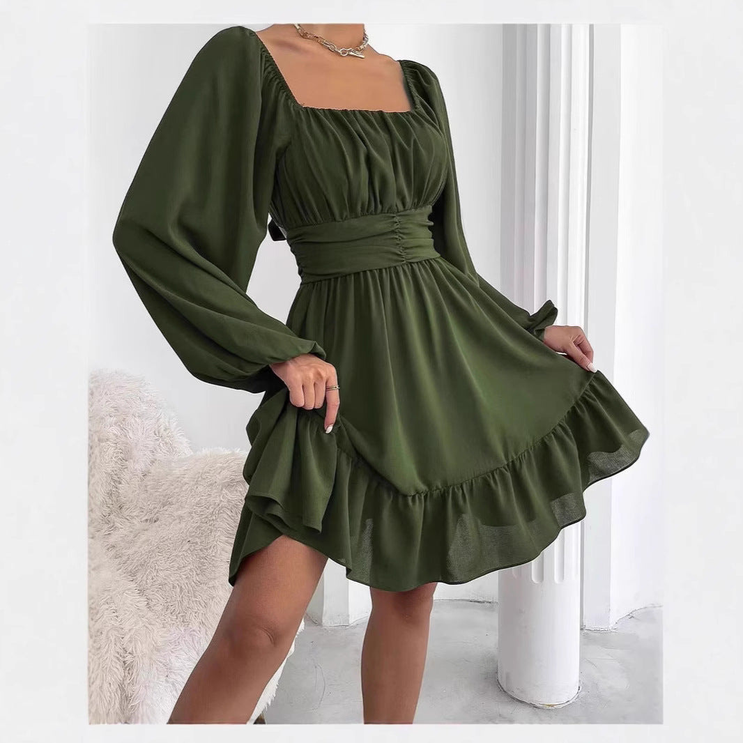 Women's Sexy Fashion Solid Color Lace-Up Bell Bottom Sleeve Ruffle Jumpsuit 5