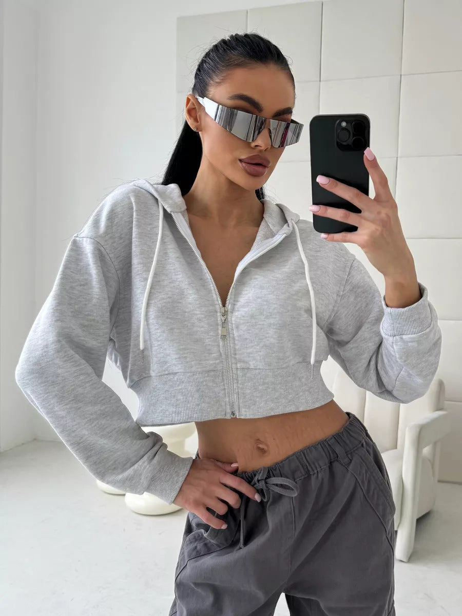 Autumn winter fashion zipper hooded drawstring solid color long sleeve Hoodies 4