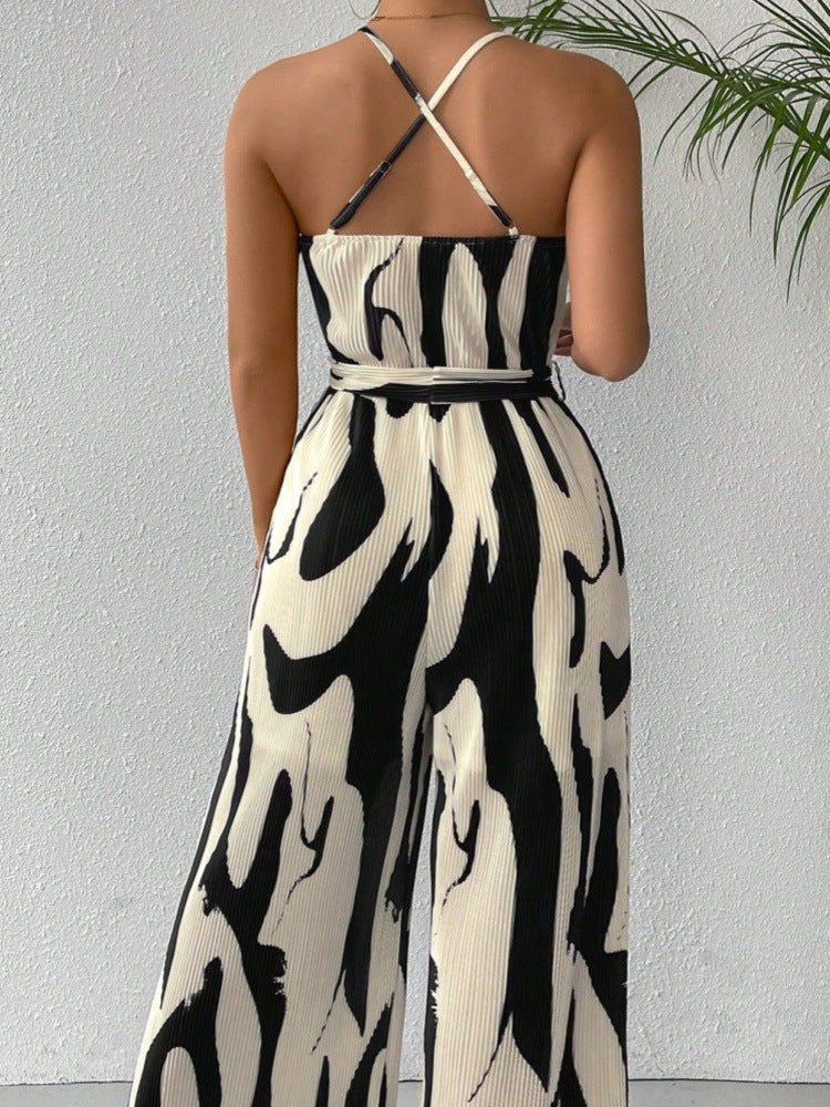 Spring/Summer Zebra Print Strappy Belt Wide-Leg Jumpsuit 4
