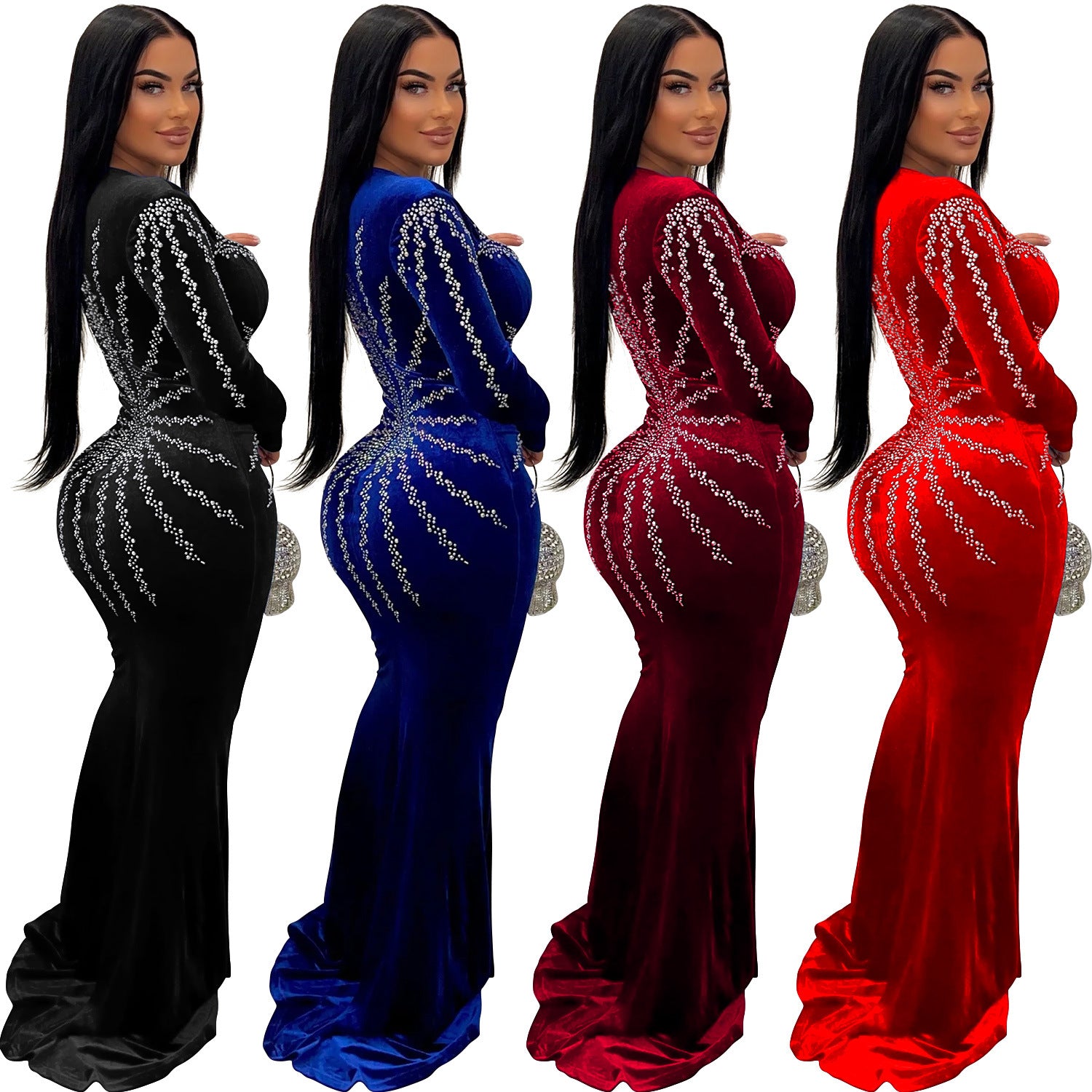 Women Solid Sexy Beaded Long Sleeve Dress 8