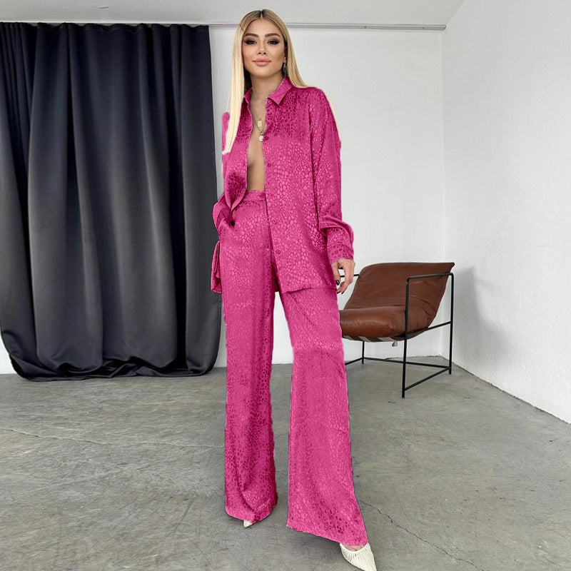 Women Long Sleeve Turndown Collar Shirt Leopard Print Pants Women Casual Two-Piece Set 7