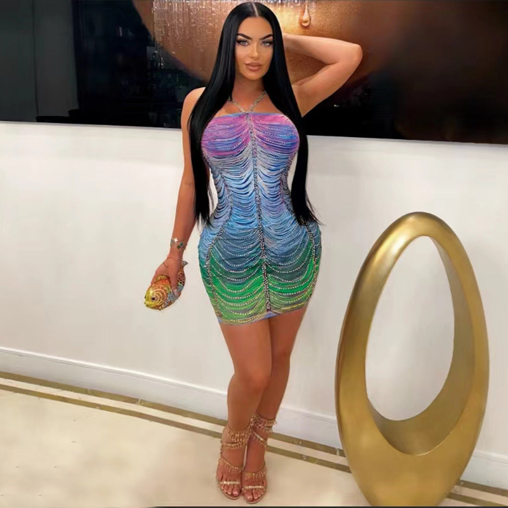 Sexy Straps Beaded Bodycon Slim Women Fashion Casual Party Dress 8