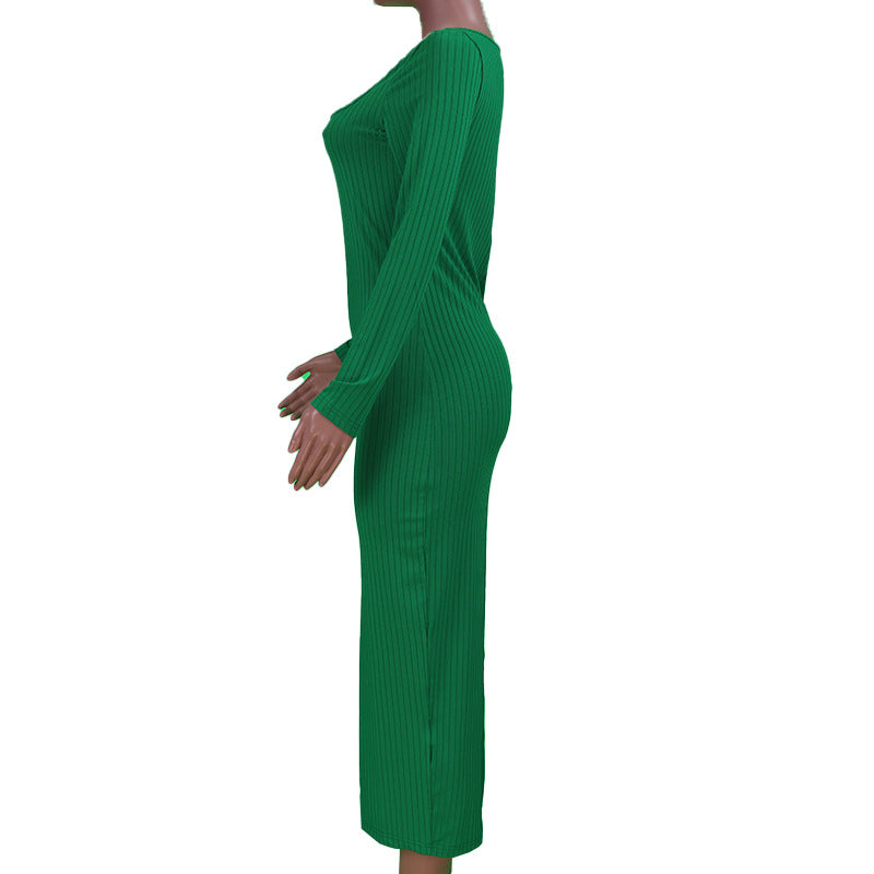Women Spring Sexy Solid U-shaped Neck Long Sleeve Slit Ribbed Dress 10
