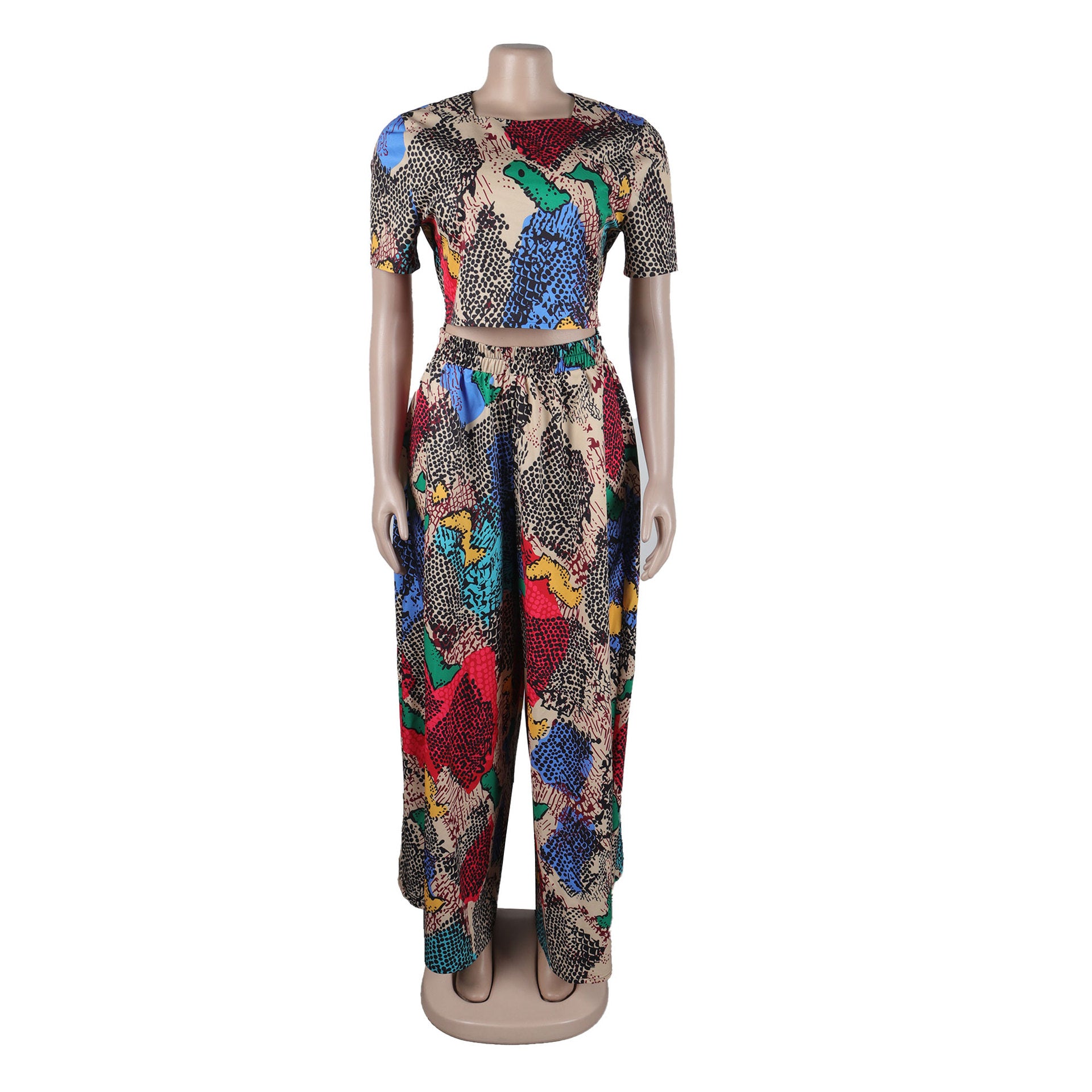 Women Sexy Printed Top and Loose Wide Leg Pants Two-piece Set 15