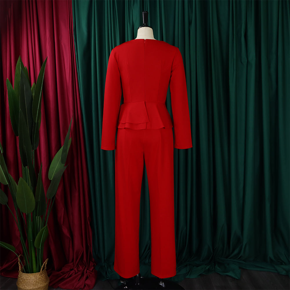 Autumn And Winter Fashion Ol Ruffled V-Neck Top And Pants Two-Piece Set 17