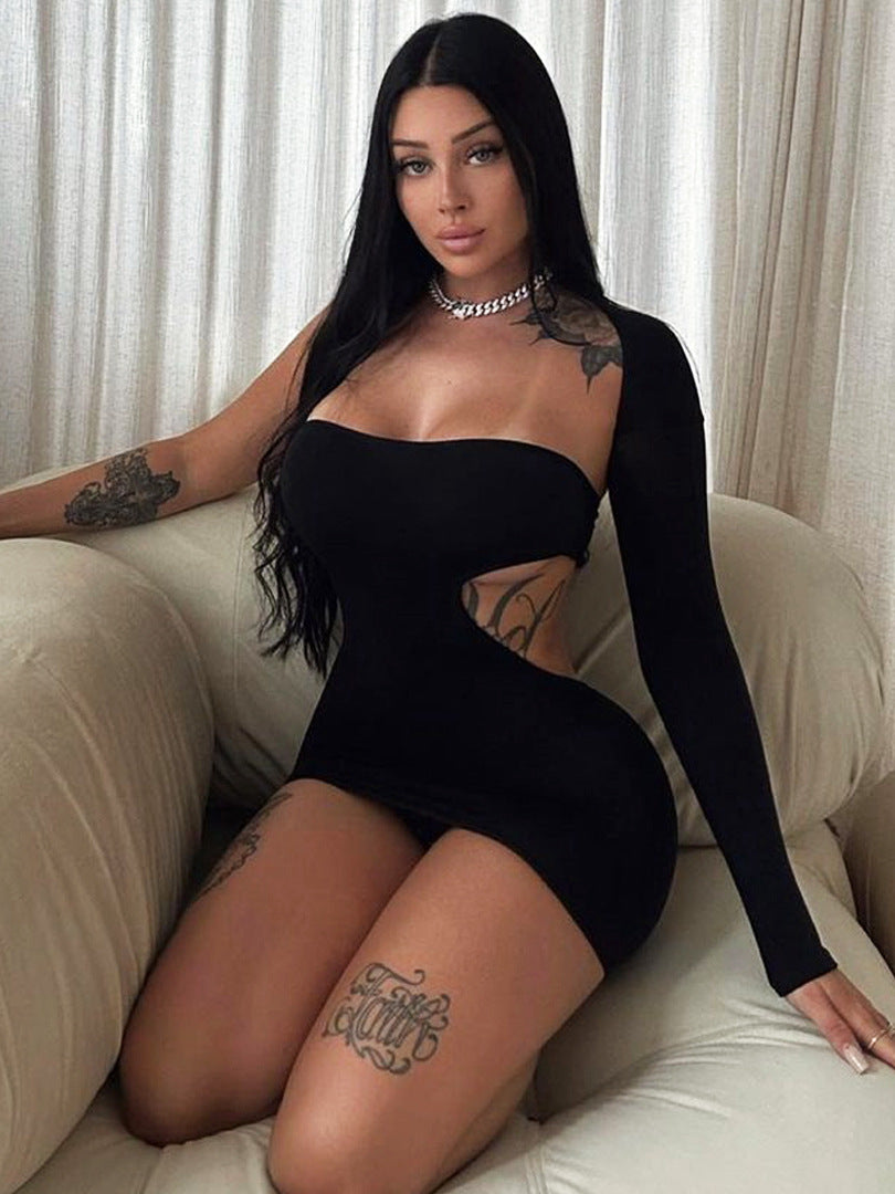 Women Solid One-Shoulder Long Sleeve Summer Sexy Irregular Bodycon Dress